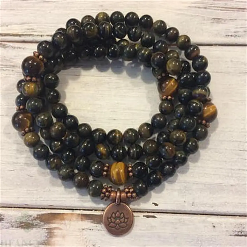 

6mm tiger's-eye Gemstone 108 Beads Mala Bracelet Buddhism natural Unisex spirituality Lucky Wrist fengshui MONK cuff Meditation