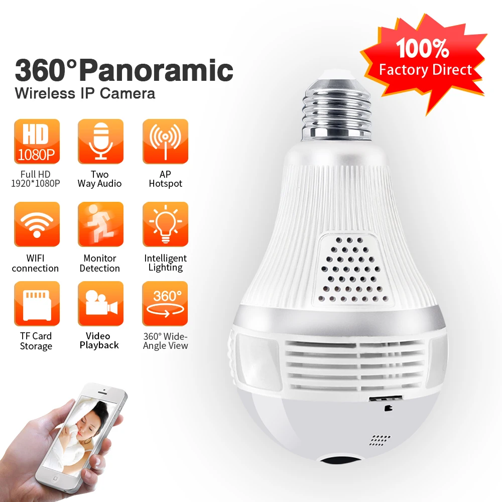 ZGWANG 960p 1080P 360 Security wifi Camera Lamp Panoramic Bulb IP CCTV Video Surveillance Fisheye HD Night Vision Two Way Audio |
