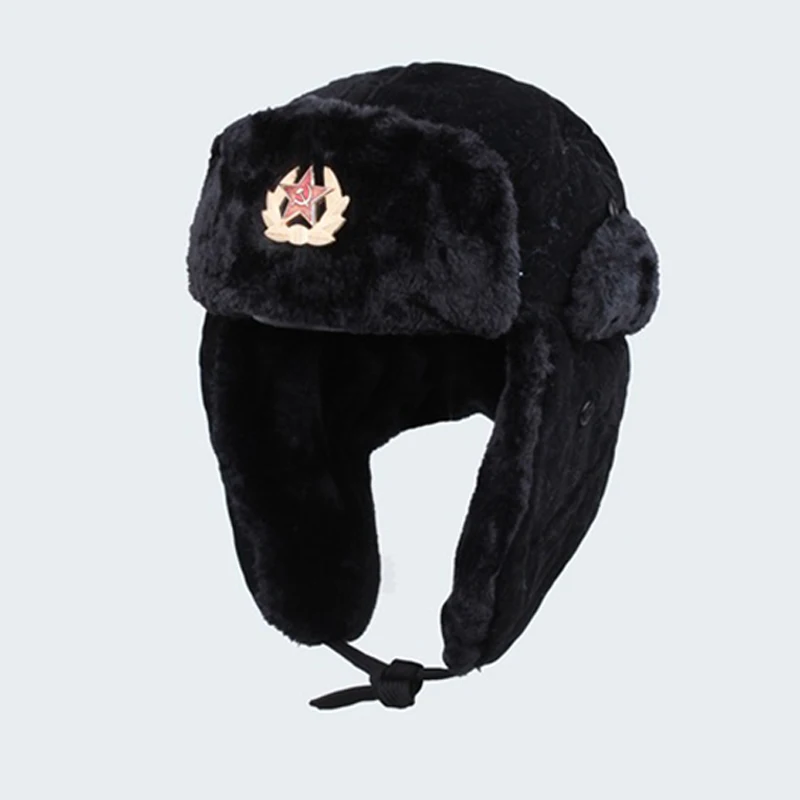 Mens Soviet Badge Russia Pilot Trapper Aviator Caps Fur Winter Thicken Hats Men Ear Flaps Soft Warm Windproof Waterproof Hats