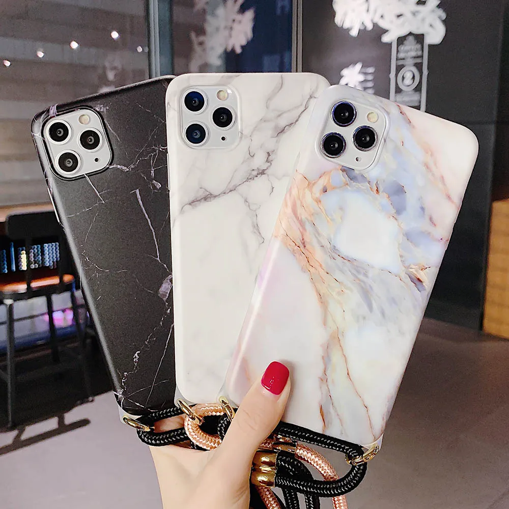 Classic Marble Lanyard Strap Cord Phone Case for iPhone XS Max 12 mini 11 Pro Max X XR 7 8 Plus Necklace Crossbody Rope Cases