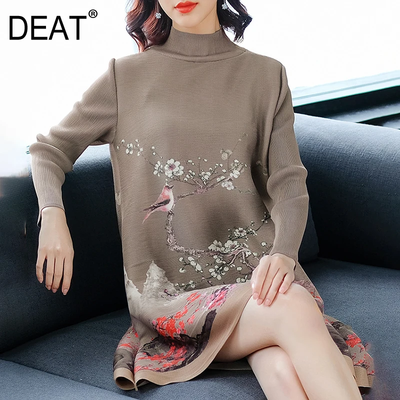 

[DEAT] 2019 Autumn New Pattern Fashio Temperament High Collar Loose Large Size Pleated Wome Full Sleeve Print Dress AI436