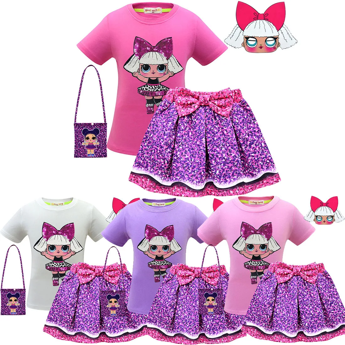 

2020 Kids Explosion LOl Doll Cartoon Girl Short Sleeve Short Skirt Set New Doll Cartoon Bag 3 Piece Set