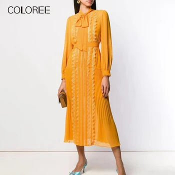 

COLOREE European 2019 Women Long Dress Runway Designer Embroidery Patchwork Yellow Dress Elegant Long Sleeve Pleated Dress