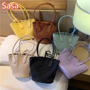 

Sasa material totes for woman PU bag pure color handbag for summer candy color bags wallet pocket bags weaving bucket bag