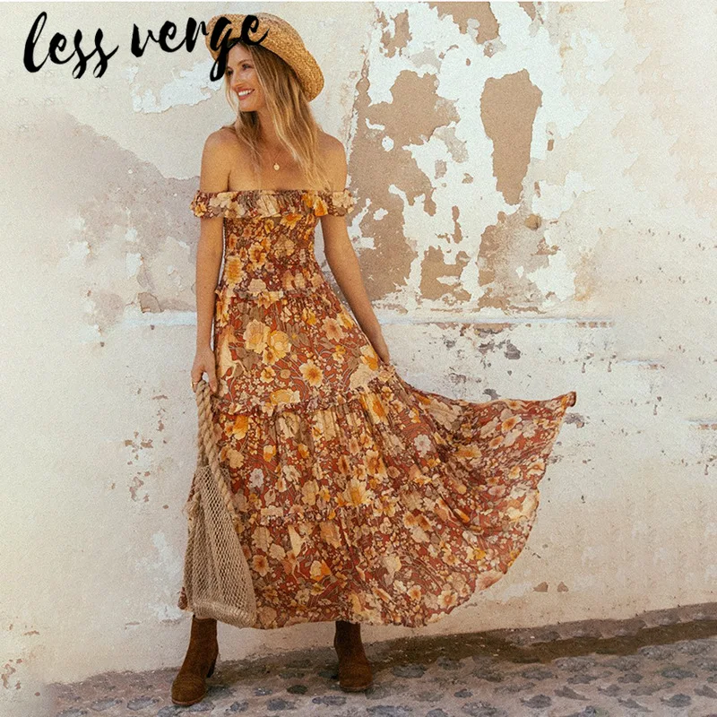 lessverge Floral print off shoulder yellow bohemian dress Women spring summer maxi Elegant holiday beach long festa | Женская одежда