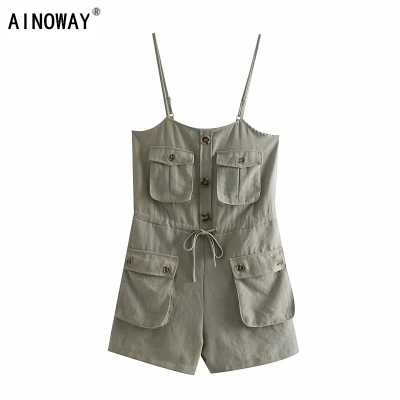 Monos de algodón y lino para mujer, trajes de mono bohemios, sin mangas, con bolsillos, Estilo Vintage