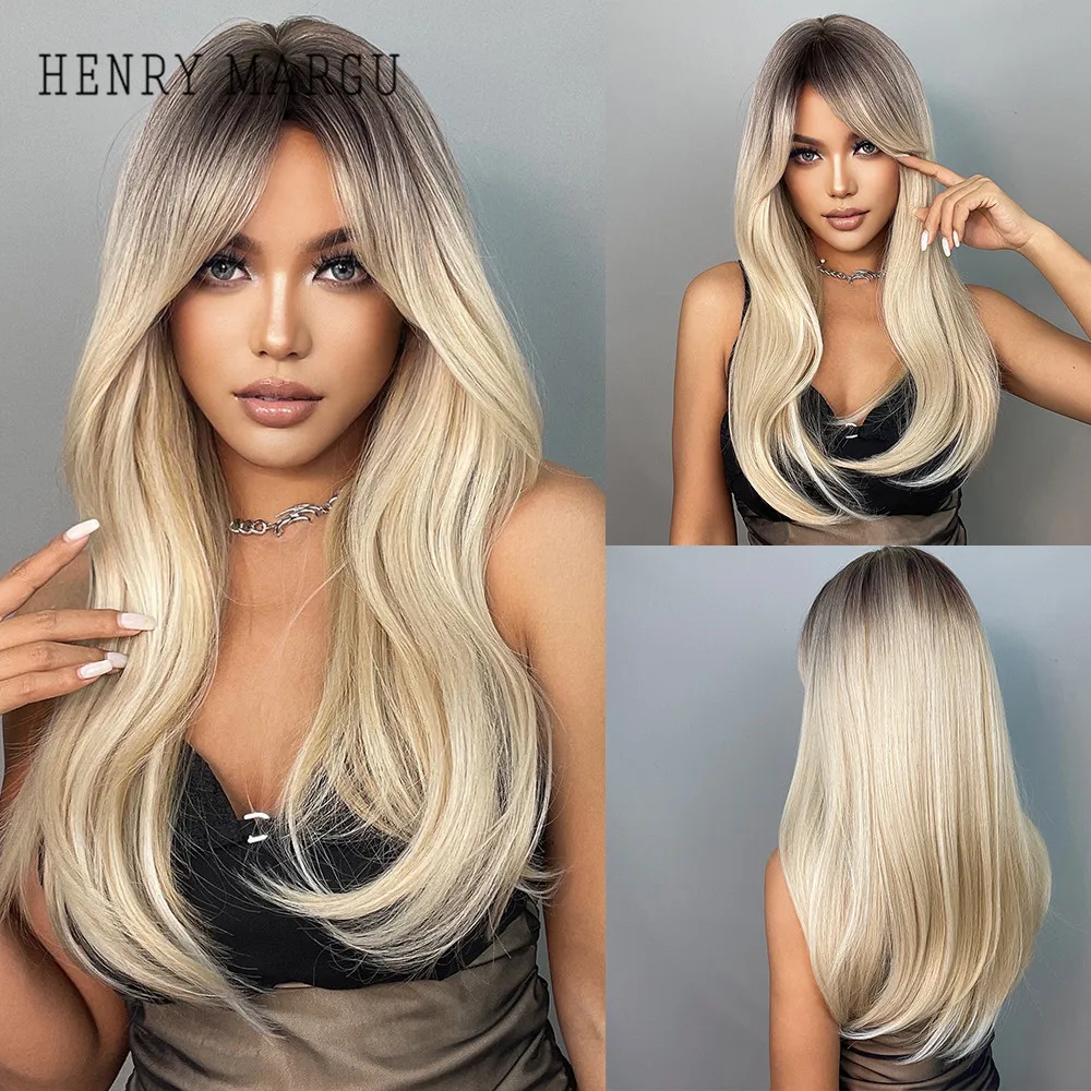 HENRY MARGU Long Blonde White Ombre Synthetic Wig With Bangs Straight Hair Wigs for Women Heat Resistant Cosplay Natural Wigs