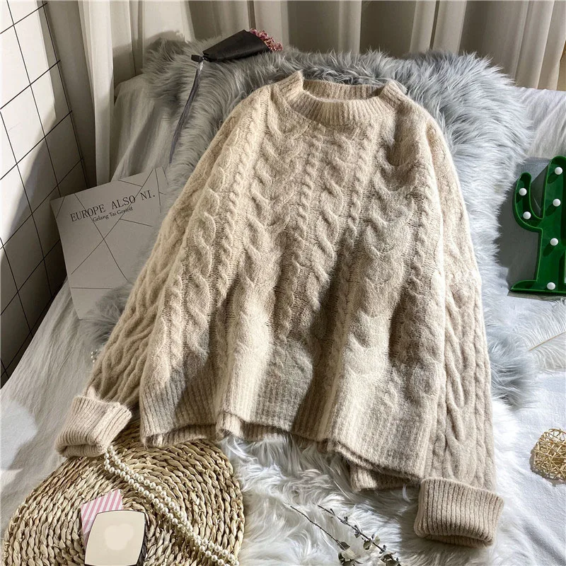 2021 Autumn Winter New Knitted Women Sweater Solid Loose Pullovers Fashion Lady Elegant Pulls Outwear Coat Tops | Женская одежда