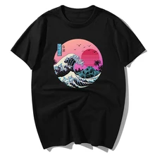 La Gran Ola Retro japonesa camiseta Anime Harajuku Streetwear algodón Camisetas Hombre Vaporwave divertida camiseta de Hip-Hop