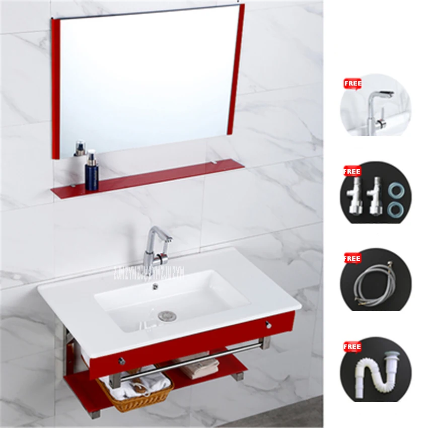 7589 настенный керамический умывальник для ванной комнаты из закаленного стекла, Настенные раковины, шкаф, Керамическая умывальник с зеркалом - Цвет: 76x46cm red