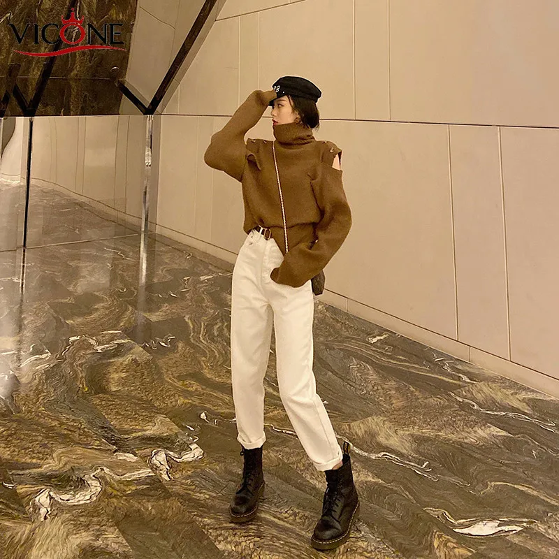 

VICONE Cotton White Jeans for Women High Waist Harem Mom Jeans Spring New Jeans Denim Pants