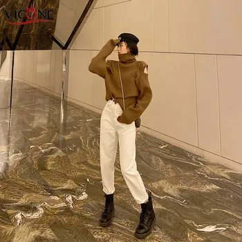 

VICONE Cotton White Jeans for Women High Waist Harem Mom Jeans Spring New Jeans Denim Pants