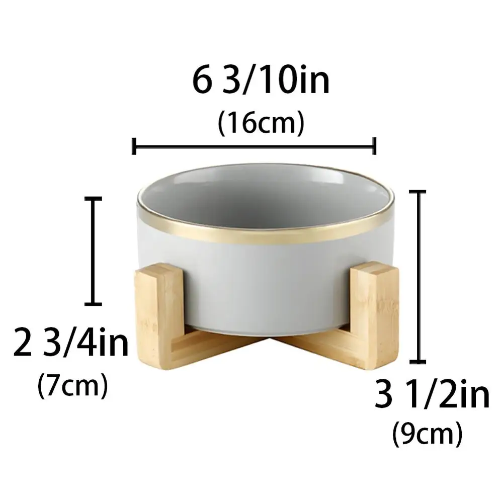 Керамический повышенный поднятый миска для кошки с деревянной подставкой без разлива корма для домашних животных Кормушка для воды кошки маленькие собаки - Цвет: gray 6.3inch