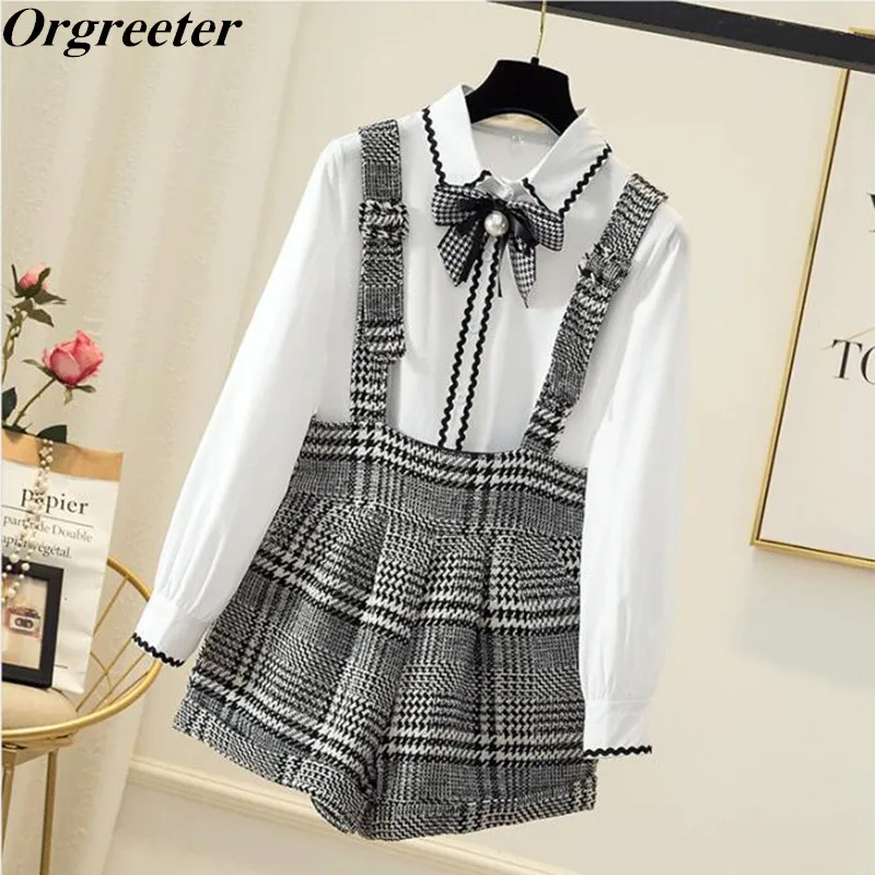 

Autumn New Shirt and Suspender Shorts 2 Piece Student Set Sweet Pearl Bow Lace Patchwork Shirt and Plaid Wide Leg Playsuits Sets