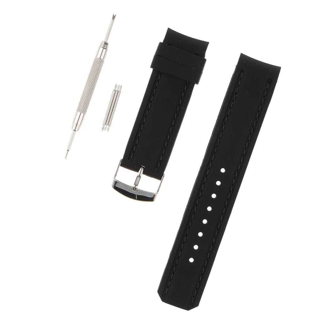 All Match Black Silicone Watch Band Curved End Strap Double Stitch 22mm