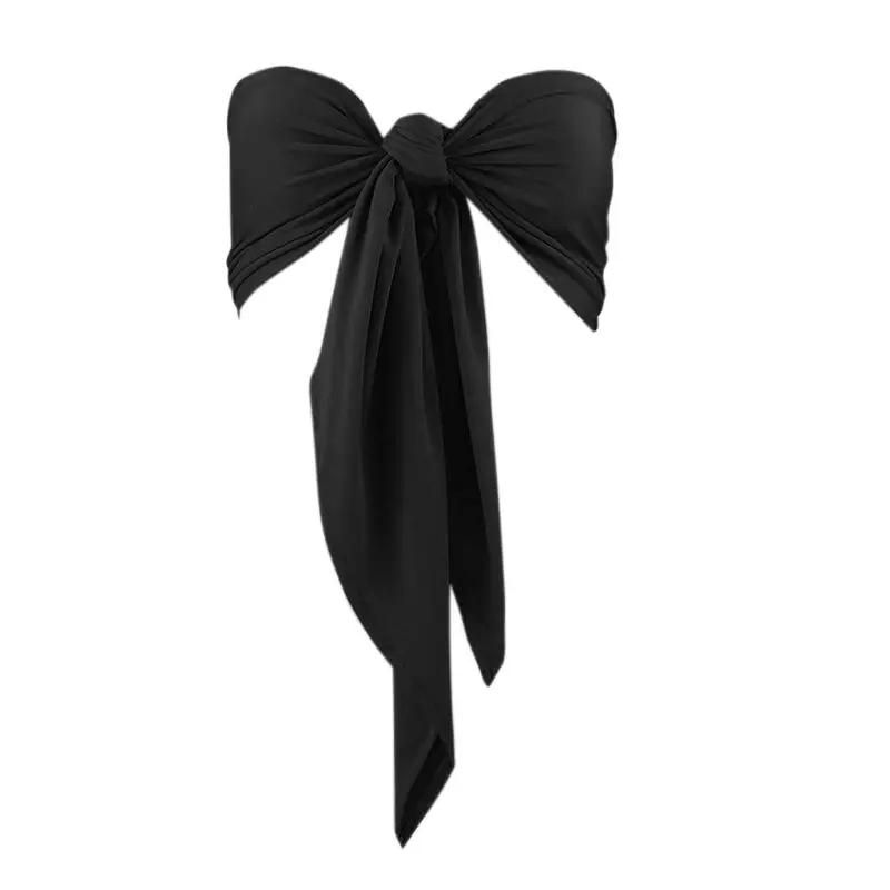 Black Женский летний сексуальный Топ без бретелек с открытыми плечами Beandeau, одноцветные плиссированные с рюшами, завязывающимся узлом спереди, укороченный топ с открытой спиной Ba - Цвет: Black