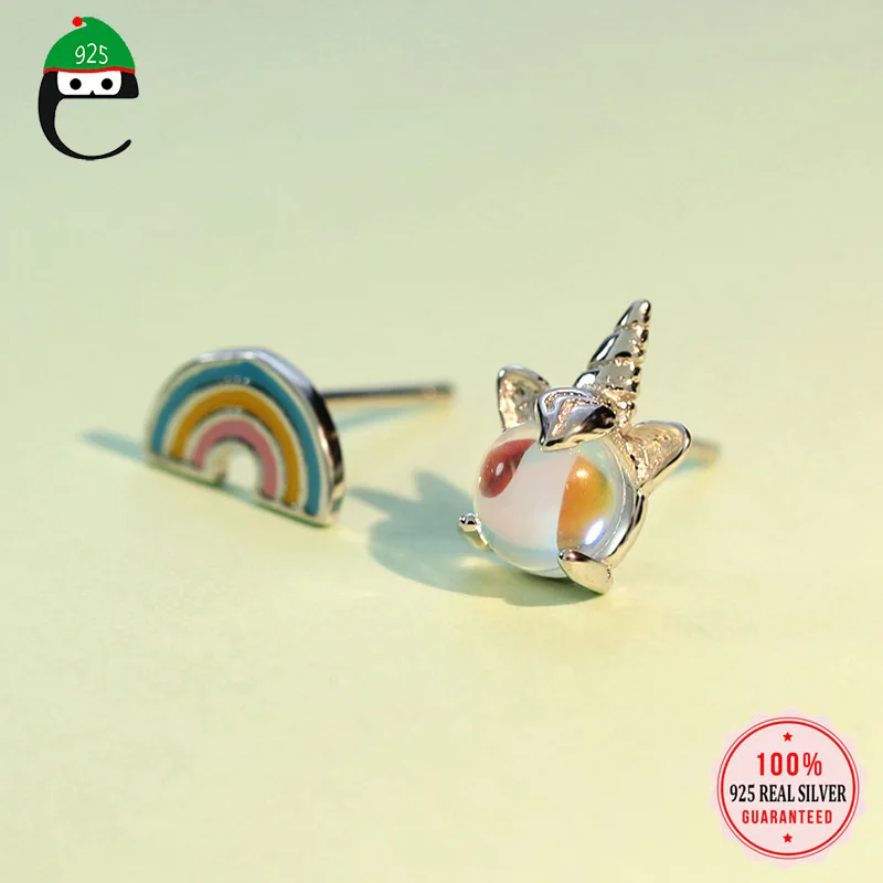 ElfoPlataSi 100% 925 Solid Real Sterling Silver Unicorn&amp Rainbow Stud Earring For Women Girl Gift Fine Jewelry Brincos ED131 | Украшения