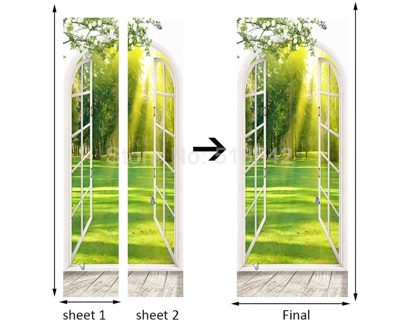 3D окна Солнечный свет зеленые деревья пейзаж двери стикер настенная живопись настенные наклейки гостиная спальня самоклеящиеся двери обои