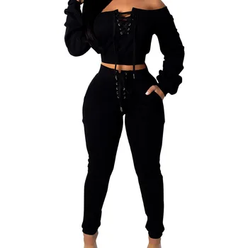 

Off Shoulder Jumpsuits Fashion Long Sleeve Running Sets Pullover Outfits Sweatpants 2 Piece Sports Running Suits Gym Sportswears
