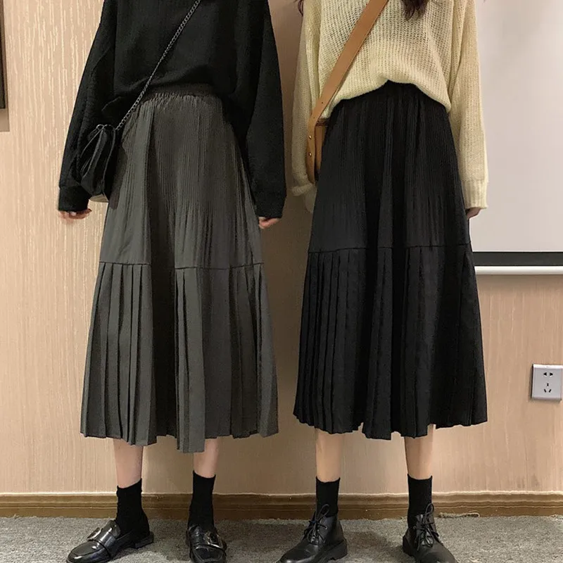 

Spring Autumn Solid Color Large Swing High Waist Pleated Skirt Long Section Stitching A-line Skirt Long Skirt One Size
