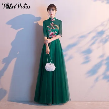 

Vintage High Neck Green Evening Dresses Long Appliques Flower A-line Floor-length Tulle Plus Size Mother Of The Bridal Dresses