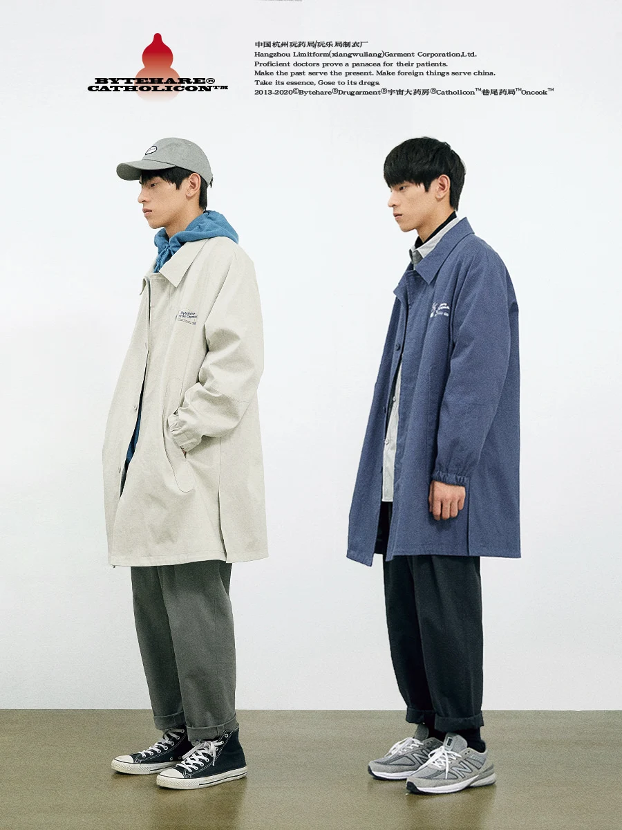 ByteHare Play Drug Bureau's national tide autumn and winter long curved cut loose windbreaker men's single-breasted jacket