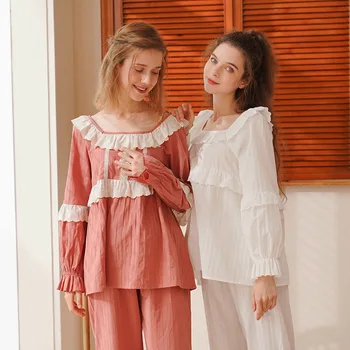 

Autumn Winter Women New Pajamas Suit Long-sleeve Ruffle Square Neck Lace Pyjamas Stitching Cute Princess Home Nightwear 2pcs Set