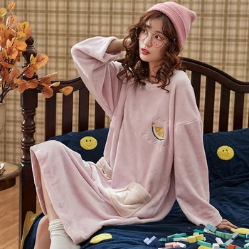 

Nightgowns Women Leisure Coral Fleece Soft Warm Comfortable Solid Kawaii Korean Style Daily O-neck Elegant Thickening womens