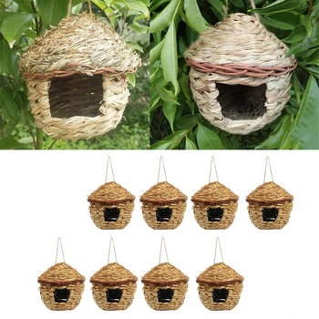 

8x Nature Handwoven Straw Bird Nest Hanging Birdhouse Garden Cafes Ornaments
