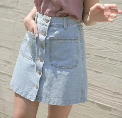 

2019 Summer New Style Korean-style Large Size Slimming Fashionable Large Pocket A- line High-waisted Denim Skirt Women's Fashion