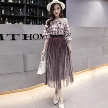 Женские летние плиссированные юбки сетка миди Saia Высокая талия винтажная кружевная Женская юбка Jupe Femme Falda Etek Mujer серый зеленый DV88