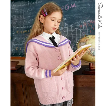 

Child Girls Single Breasted Pockets Sweater 10 12 years Coat 2020 New autumn Cardigan Teenage Girls College style Jacket