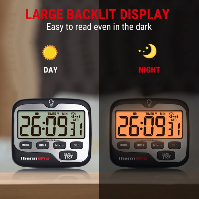 ThermoPro TM01 Kitchen Timer Digital Cooking Timer with Large LCD Display Big Digits Alarm Volume Adjustable Timer Clock Multifunctional Backlit
