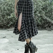 PUNKRAVE тонкое сексуальное для тонких рыбий хвост юбка средней длины в течение длительного Разделение клетчатая юбка