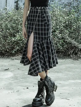 

PUNKRAVE Slim Sexy Slim Fishtail Half-length Skirt In A Long Split Plaid Skirt