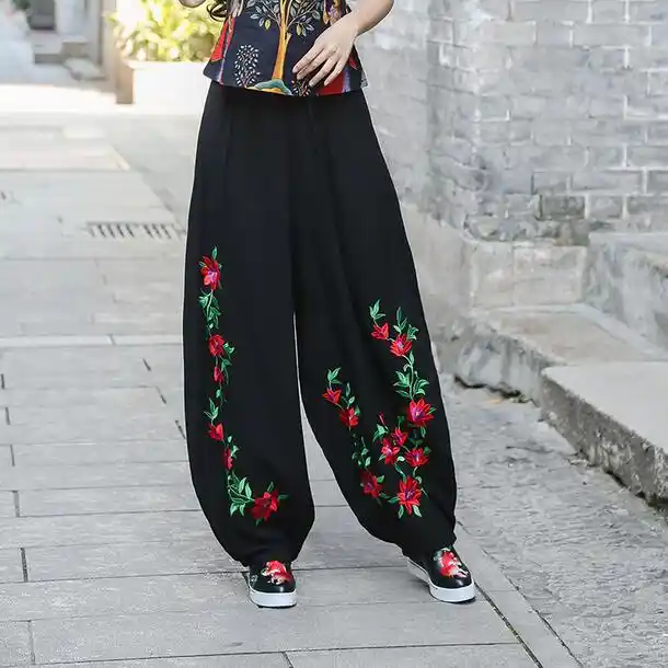 Pantalones Harem Bordados Chinos Para Mujer 2020 Pantalones Negros