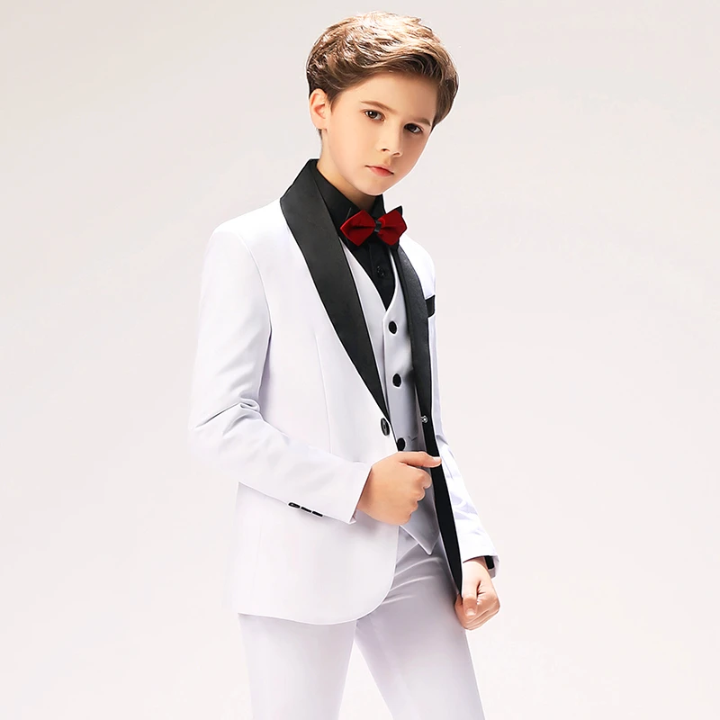 Белые торжественные костюмы для мальчиков(пиджак+ рубашка+ брюки+ галстук-бабочка+ жилет), детский деловой костюм с отворотом, Детские смокинги для свадебной вечеринки