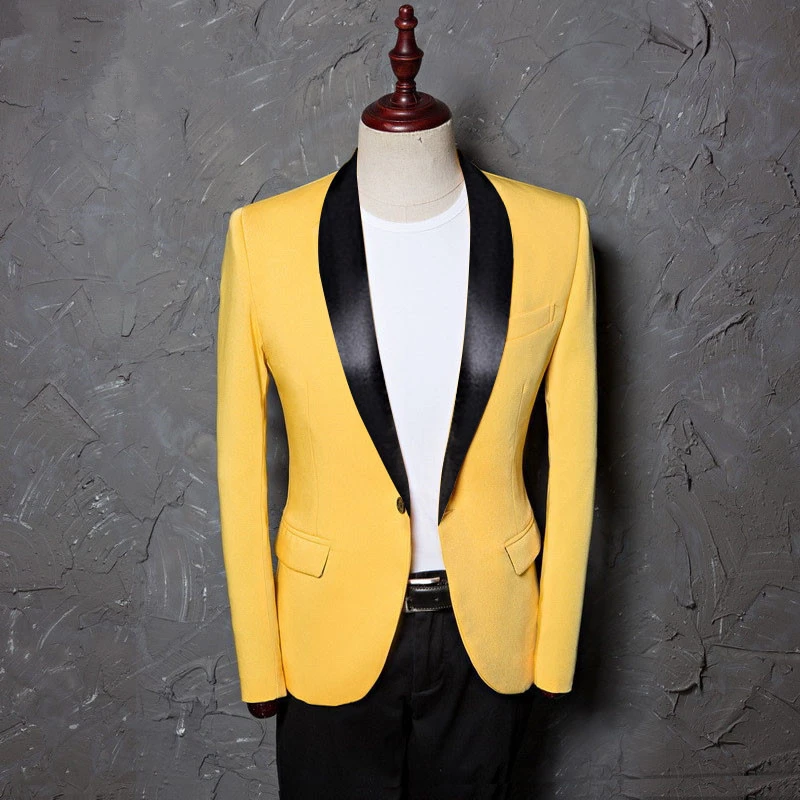 Aismz Мужская размера плюс Классическая шаль лацкане Slim Fit пиджак Повседневный желтый блейзер дизайн костюм сценическая одежда для певцов