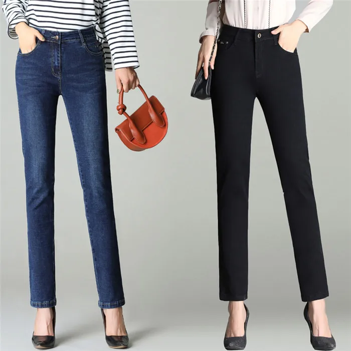 High Quality Women's Small Straight Jeans Girls High Waist Long Pants Pencil Trousers Women winter plus velvet warm jeans Q164