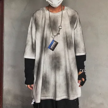 

Autumn New Long-sleeved T Shirt Men Fashion Old Washed Fake Two-piece Tshirt Man Streetwear Hip-hop Loose Casual T-shirt Tops