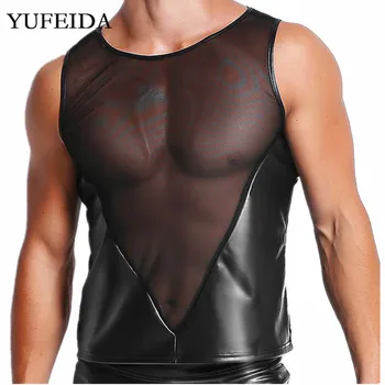 

YUFEIDA Mens Underwear Tops Faux Leather Mesh Vest Sexy Skinny O-neck Undershirts Male Breathable Sleeveless Tops Night Clubwear