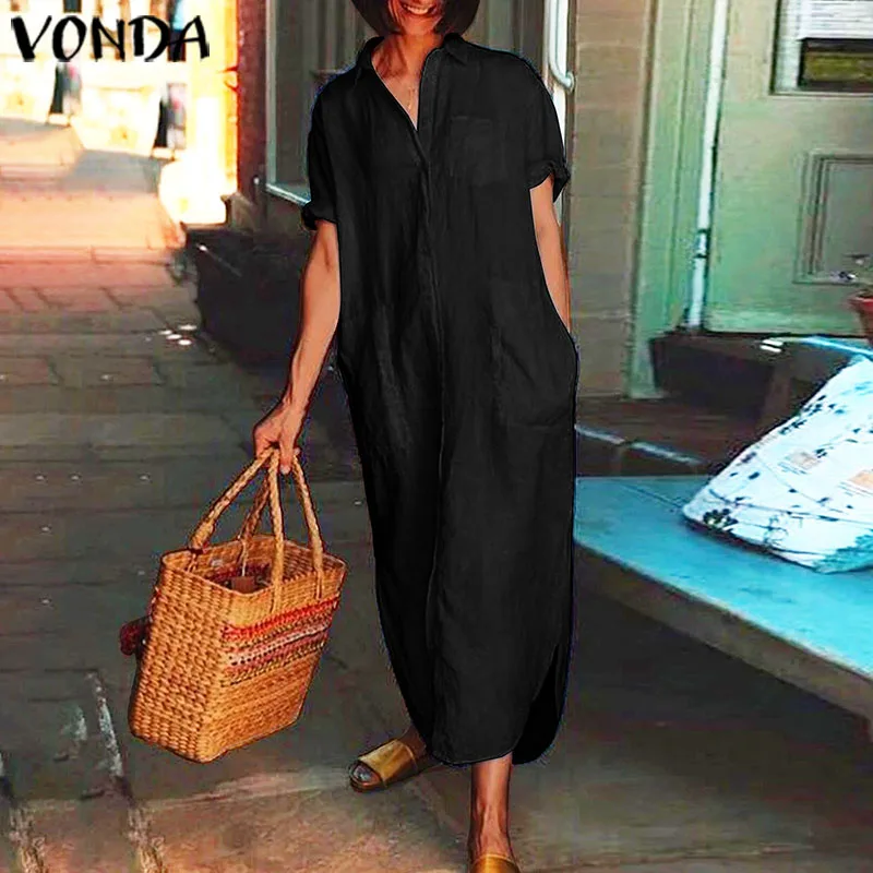 VONDA, женское однотонное Хлопковое платье-рубашка, повседневное, свободное, с отворотом, на пуговицах, праздничное, сексуальное, длинное платье, для вечеринки, Vestidos, плюс размер