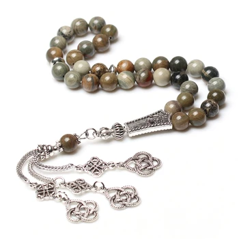 

Natural Silver Leaf round stone 8mm silver plated tassel islamic prayer beads