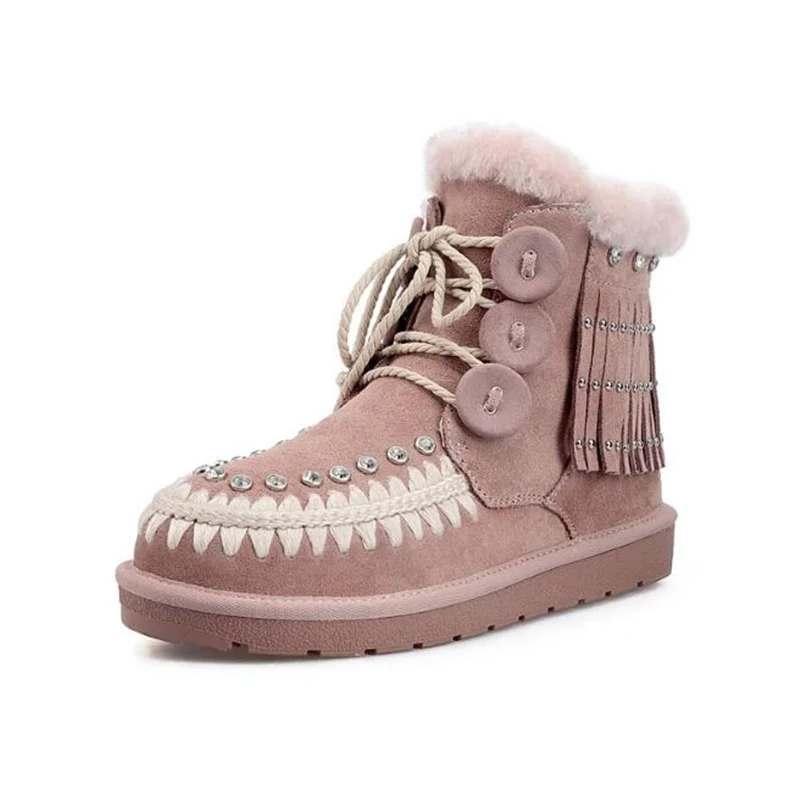 Crystal Lace Up Snow Boots Wool thickened Warm Winter Women Shoes Round Toe Tassel Cowhide Leather Top Quality Booties Ankle