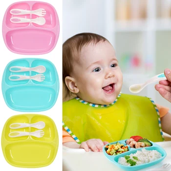 

3Pcs/Set Baby Bowl Spoon Fork Feeding Food Tableware Cartoon Bear Kids Dishes Eating Dinnerware Anti-hot Training Dinner Plate
