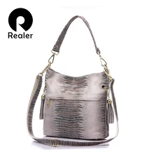 REALER женская сумка через плечо из натуральной кожи с крокодиловым узором и кисточками, маленькие сумки женские натуральная кожа,дамские сумки мешок, маленькая сумочка для женщин, женские кожаные сумки на ремне