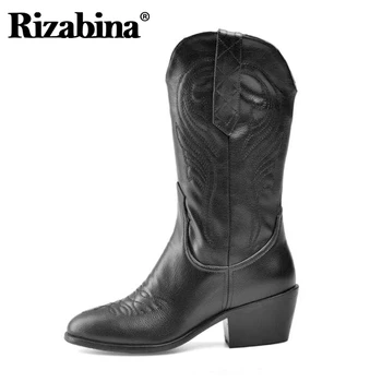 

RIZABINA Big Size 33-45 Mid Calf Boots Women Round Toe Western Boots Zipper Leather Pattern Thick Heel Shoes Footwear