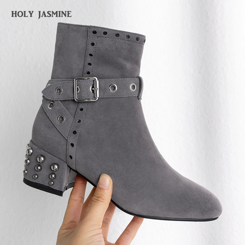 

Retro Rivet Motorcycle Boots Women Cow Suede Leather Ankle Boots 2020 Spring Buckle Low Heel Side Zipper Short Boot Cowboy Shoes
