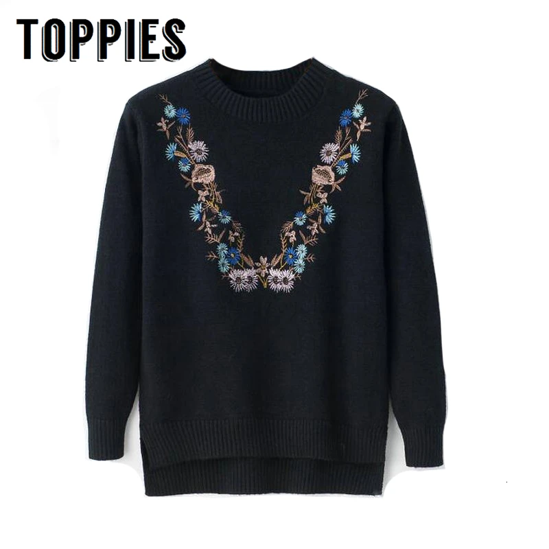 toppies 2020 Pull Femme Women Floral Embroidery Sweater O-neck Long Sleeves Knit Jumper Jerseys 9 Colors Soft Pullover | Женская одежда