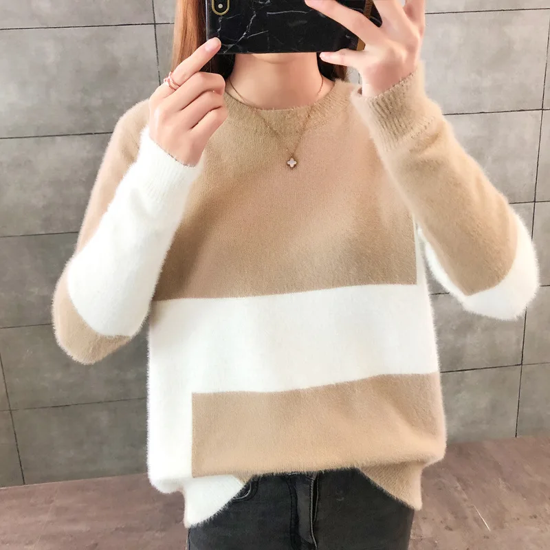 

Autumn New Style Faux Mink Cashmere Korean-style Loose-Fit Pullover plus Velvet Winter Pullover Knitting
